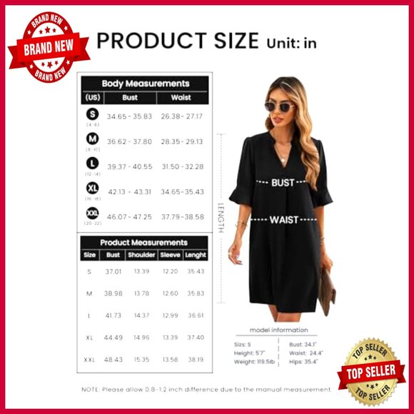 V Neck Shift Dress Short Sleeves Casual Flowy Summer Polyester Soft Lightweight - Picture 6 of 7